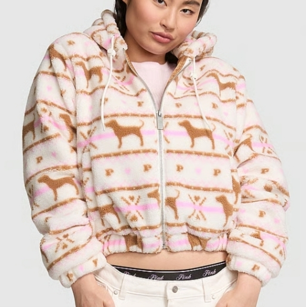 Pink Victoria's Secret Plush Teddy Hooded Bomber Jacket Sz Small NWT